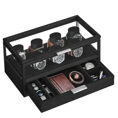 Imagen de SONGMICS Caja de Relojes 2 Capas, Estuche para con Tapa Acrílica, Organizador 7 Soportes, 1 Cajón, Forro Terciopelo, Idea Regalo, Negro Tinta JOW007B01