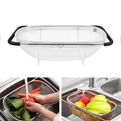 Imagen de Lavabo colador de acero inoxidable, extensible con cesta fina y mango goma, para fregadero colar, escurrir, lavar frutas verduras
