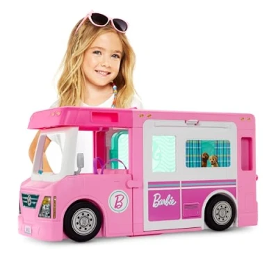 Imagen de Barbie Caravana DreamCamper 3 en 1 , Aprox. 1m; Autocaravana transformable con Piscina, camioneta, Barca y 50 Accesorios; para niñas niños + años, GHL93