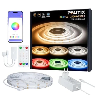 Imagen de PAUTIX RGBCCT LED Tira COB 5M,RGB+WW/CW 2700K 6500K Regulable Color Cambio 24V Strip Kit con RF Remoto y Alimentación,Incluyendo Grupo Control,Música Modo para DIY Decoración Interior del Hogar