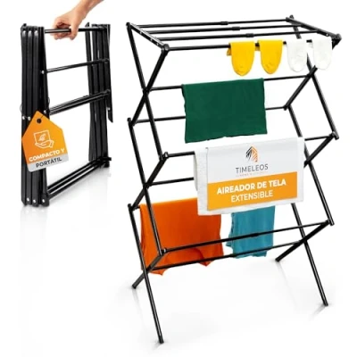 Imagen de TIMELEOS Tendederos Plegables 6 Niveles y 11 Barras Soporta, hasta 20kg Tendedero Plegable Extensible a 74cm, Resistente, Compacto&amp;Ahorra Espacio para Casa CampingTendedero Extensible, Negro