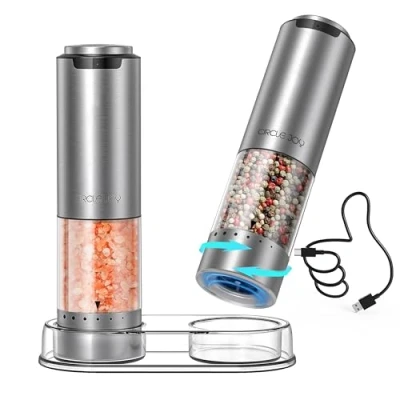 Imagen de CIRCLE JOY Juego de Molinillos Pimienta Eléctricos Recargables Acero Inoxidable con Base, Recipiente Transparente Lavable 95ml, Luz LED Blanca y Rugosidad Externa Ajustable, Plata