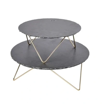 Imagen de Artesà Plato de servir escalonado, 2 soportes pizarra redondos con patas metal elevadas, para el té la tarde, queso, pasteles, sándwiches y más, 30,5 x 24 cm, gris