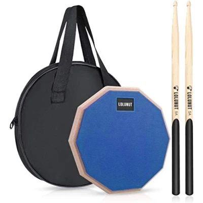Imagen de LOLUNUT Almohadilla para práctica silenciosa batería, de 2 caras, base madera con goma suave, incluye baquetas maciza (20 cm, azul).