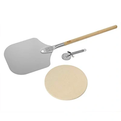 Imagen de RÖSLE Juego de 3 piezas para preparar pizza, piedra alta calidad, pala y cortapizzas, una pizza o tarta flambeada crujiente como la del horno leña