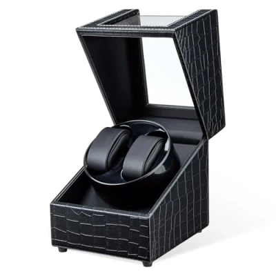 Imagen de Mcbazel Caja Giratoria para 2 Relojes,Watch Winder Automático Relojes de Pulsera con Ranuras, Diseño Piel Cocodrilo Negro