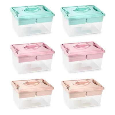 Imagen de AC Pack de 6 Cajas Almacenamiento con Bandeja Interior y Asa N.º 9 12 litros Fabricado en Plástico Cierre Hermético Seguro 18 x 34 27 cm Color Pastel Aleatorio