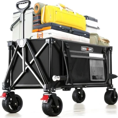 Imagen de Overmont Carro Playa Plegable Carrito de Jardín Todo 150L 150 kg con Mango Ajustable Terreno Desmontables Ruedas Grandes Bolsillo Lateral Portavasos per Camping Compras Deportes