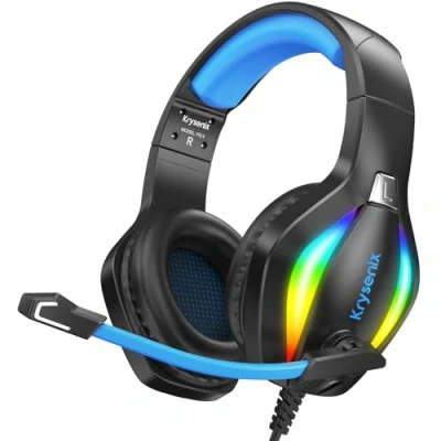 Imagen de Krysenix PG1 Auriculares Gaming para PS4/PC/Nintendo Switch/Xbox, Cascos PS5 con Micrófono, Cancelación de Ruido, Xbox One Conector 3.5 mm y luz RGB, Negro/Azul