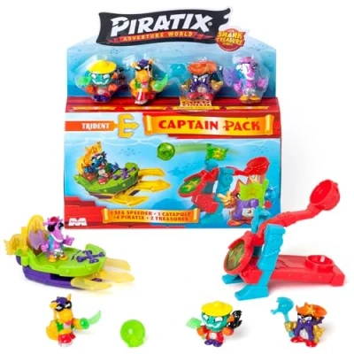 Imagen de PIRATIX ADVENTURE WORLD Serie Shark Treasure, Captain Pack, Trident con 4 Piratix, 1 capitán Dorado, Accesorios &#039;Cristales&#039;, Sea Speeder, catapulta, 2 Banderas Efecto Cristal, Pack 2/6