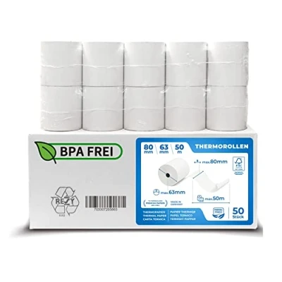 Imagen de papel térmico 80x60 Rollo para impresora termica Rollos de tickets 80mm 80x60x12 caja registradora negocio y bar (50 ud.)