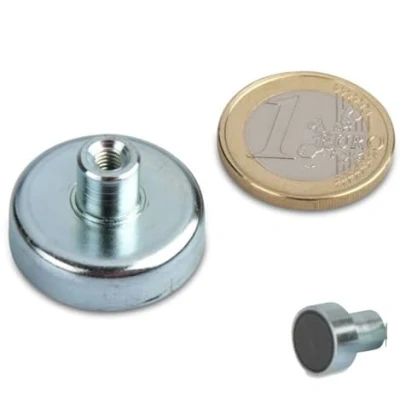 Imagen de Base magnética con roscado interior Ø10 125mm Ferrita dura (HF) Imanes permanentes cerámicos Imán en recipiente casquillo Sistemas magnéticos fuerza de sujeción: hasta 130kg, Grandezas:Ø 25mm M4 4kg