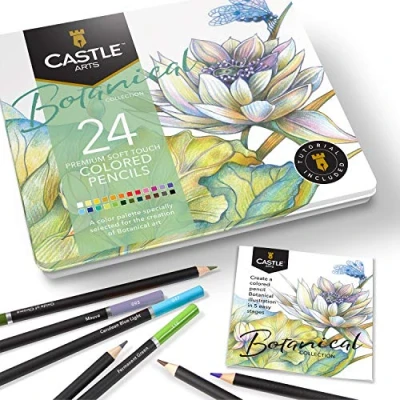 Imagen de Castle Arts 24 lápices de colores en un estuche metal, Botanical perfectos para dibujar, esbozar, colorear. Con núcleos blandos, mezcla superior y juego capas