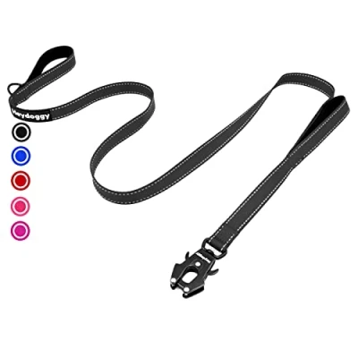Imagen de Correa para perro resistente y resistente, de nailon reflectante 6 pies con doble asa acolchada clip rana bloqueo automático, antitirones, color negro