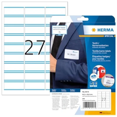 Imagen de HERMA 4513 Etiquetas de nombre extraíbles, 640 hojas, 63,5 x 29,6 mm, 27 por hoja A4, 17280 pegatinas, autoadhesivas, imprimibles, sin residuos, pegatinas seda acetato, blanco y azul