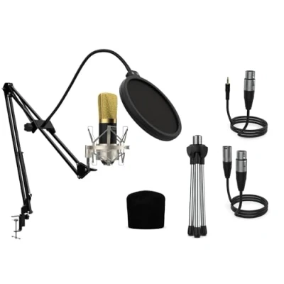 Imagen de Audibax Berlin 1800 Gold Pro Microfono de Condesandor Estudio Incluye Soporte, Anti Pop y Cables Respuesta en Frecuencia 20 Hz/20 KHz Micrófono Patrón Polar Cardioide Color Dorado