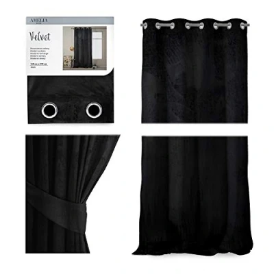 Imagen de AmeliaHome Cortina de Aspecto Aterciopelado, 140 x 270 cm, Negro, 1 Unidad paños con Ojales, Aterciopelada, Opaca para Ventana, Ligera, Brillante, Decorativa