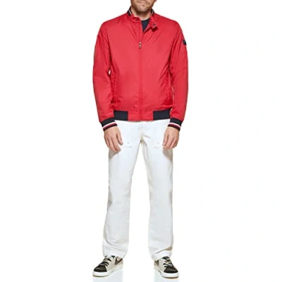 Imagen de Tommy Hilfiger Men&#039;s Lightweight Varsity Rib Knit Bomber Jacket Chaqueta Shell, Poliéster Rojo, XL para Hombre