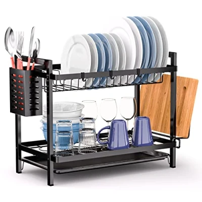 Imagen de Dreamhigh® Escurreplatos Acero Inoxidable Grande 2 Pisos, Escurridor de Platos para Fregadero con Bandejas Goteo,Soporte Cubiertos, Soporte Vaso, Apto Familia 4 6 Personas