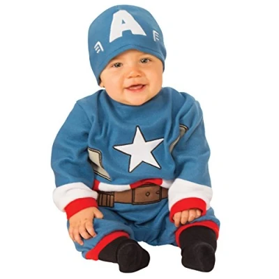 Imagen de RUBIES Disfraz Capitan America Preschool para bebés, Jumpsuit y gorro, Talla 0 a 6 meses, Oficial Marvel Halloween, Carnaval, Cumpleaños, Navidad