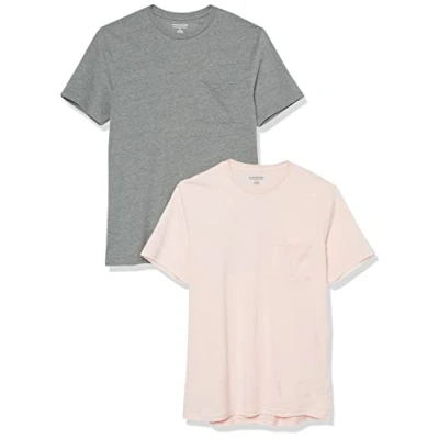 Imagen de Amazon Essentials Camiseta de manga corta con bolsillo, cuello redondo y corte ajustado Hombre, Pack 2, Gris Mezcla/Rosa Pálido, S