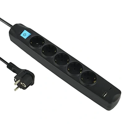 Imagen de Electraline 62167 Regleta Base Multiple 5 Tomas Schuko + 2 USB 3.4A 17W (1 Tipo A 1 C), Interruptor ON/OFF, Clavija Extra Plana Schuko, Cable 1.5M