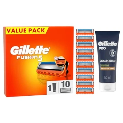 Imagen de Gillette ProGlide Recambios Para Hombre, 10 + PRO Piel Sensible Crema de afeitar 175 ml, cuchillas afeitar, Máquinilla hombre