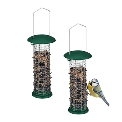 Imagen de Relaxdays Comederos Aves Set 2 Colgantes, Dispensadores Alimento Pájaros Silvestres, 31 x 10 cm, Metal, Plateado y Verde, Hierro, cm