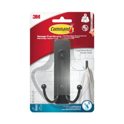 Imagen de Command gancho de pared doble grande para baño, negro mate, 1 y tira resistente al agua, colgar toallas baño sin daños con adhesiva