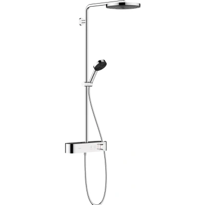 Imagen de hansgrohe Pulsify S, sistema de ducha ahorro agua (EcoSmart) con termostato, lluvia (260 mm) grifo, mano (3 tipos chorro), flexo, barra, fija redondo, cromo