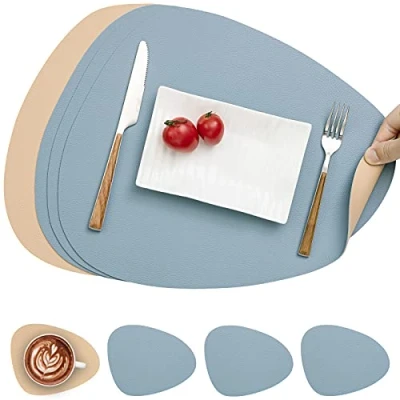 Imagen de Myir JUN Manteles Individuales y Posavasos de Cuero, Salvamanteles Lavables PVC (Beige Azul Claro, Juego 4)