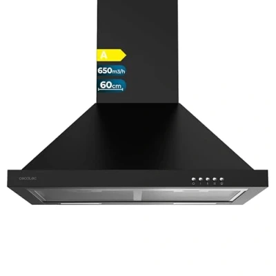 Imagen de Cecotec Campana Extractora 60 cm Piramidal Bolero Flux PM 606500 Black A. Motor 165W, Acabado Inox, Succión 650m3/h, Control Mecánico, 3 Niveles de Potencia, Luz y Filtro Carbono
