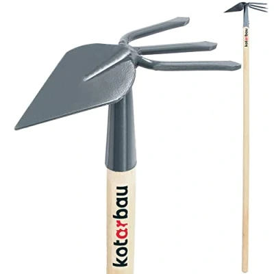 Imagen de KOTARBAU® Azada de metal, con rastrillos para jardinería, mullir, airear y desherbar, doble, Herramientas jardín tierra, mango madera 130 cm, punta