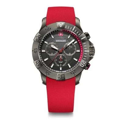 Imagen de Wenger Reloj de Hombre Seaforce Chrono Analógico Quarz, Chronograph, Ø 43 mm, Swiss Made, Resistente al Agua hasta 200 m, Negro/Rojo, Correa Silicona Rojo, 01.0643.128