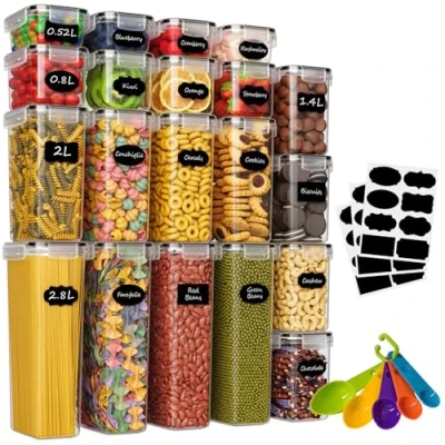 Imagen de Withosent Juego de 20 tarros herméticos para cocina con tapa plástico, recipientes almacenamiento espaguetis, harina, cereales, cereales (2,8 L, 2 1,4 0,8 0,52 L)