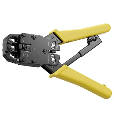 Imagen de deleyCON Tenaza Crimpadora para Conectores Modulares Occidentales RJ11 RJ12 RJ45 DEC Cables y Líneas de Teléfono Red 6P4C 6P6C 8P8C 4P4C 4P2C Cortador Pelacables Amarillo