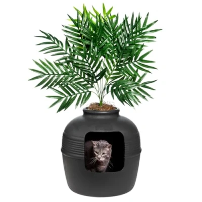 Imagen de Good Pet Stuff, The Original Caja de Arena Oculta, Plantas Artificiales y Maceta Cerrada para Gatos, Filtro ventilado Olor, fácil Limpiar, Gamuza Negra