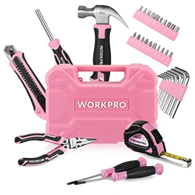 Imagen de WORKPRO 35 Piezas Juego de Herramientas Portátil para DIY con Caja Rosa, Rosa Alicates Destornilladores Llaves Martillo etc. Bricolaje y Reparaciones Diarias