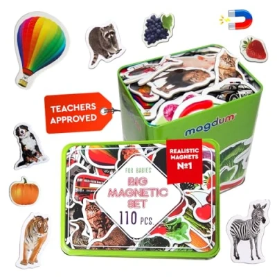 Imagen de Magdum Animales de Zoo y Granja + Frutas Verduras Transporte en una Caja Lata Regalo Imanes Niños 110 piezas Nevera Juegos Magneticos Para Juguetes Educativos 3 Años