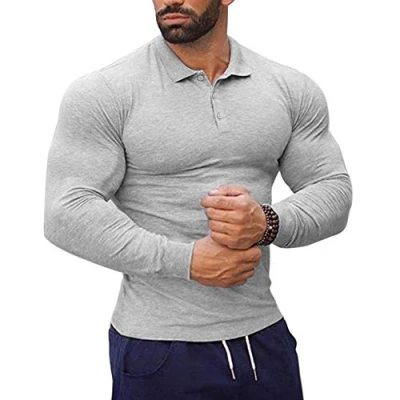 Imagen de Hombre Casual Camisa De Polo Larga Deporte Manga Camiseta Golf Gris XL