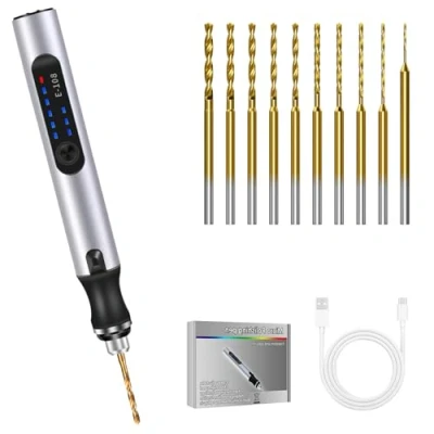 Imagen de Mini Taladro de Mano Eléctrico, Vankarr 3 Velocidades DIY Micro Manual Precisión Herramientas bricolaje Giratorias Recargable con 10 Brocas, para Modelismo, Madera, Resina joyería