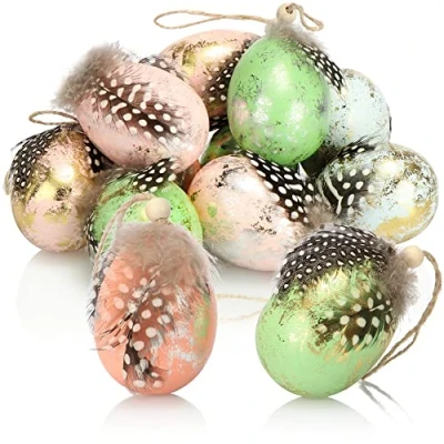 Imagen de com four® 12x Huevos de Pascua para Colgar Decoración con Aspecto Huevo Codorniz Plástico Pluma
