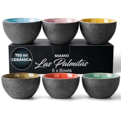 Imagen de MIAMIO 750 ml, Juego de 6 Cuencos, Cuenco Cerámica, Cuencos Ensalada, Sopa, Cereales Apto para Microondas, Lavavajillas y Horno Colección Las Palmitas