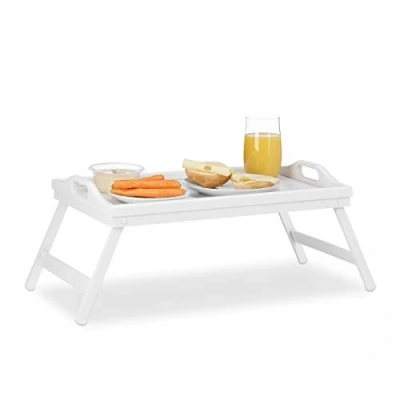 Imagen de Relaxdays Bandeja Cama con Asas y Patas Plegables, Madera, Blanco, 22 x 61,5 30 cm