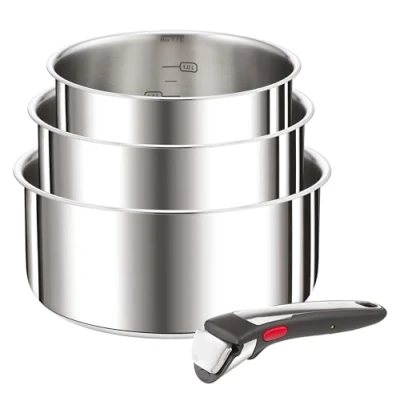 Imagen de Tefal Juego de 4 piezas Ingenio, sartenes 16/18/20 cm y 1 asa extraíble, inducción, acero inoxidable, apilables, ahorran espacio, fabricadas en China, Preference On L898S334