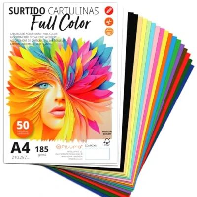 Imagen de Cartulina A4, Cartulinas de Colores, 185g/m2 para Manualidades, Educación, Hogar, Arte o Empresas, Colores A4 Surtidos Ofituria (50 Cartulinas, Surtido Full Color)