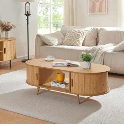 Imagen de [en.casa] Mesa de Centro en Forma Ovalada con Puertas Correderas Semicirculares Mesita Salón Compartimentos Cerrados y Abiertos Atractivo Bambú MDF Madera 120x55x40 cm Natural