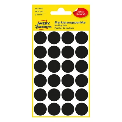 Imagen de AVERY Zweckform 3003 puntos adhesivos (18 mm de diámetro, 96 en 4 hojas, pegatinas redondas para calendario, planificador y manualidades, papel, mate), color negro