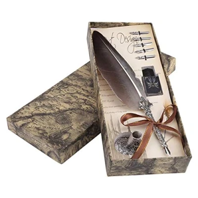 Imagen de VBESTLIFE Pluma de Inmersión Caligrafía Inglesa Estilográfica Estilo Clásico Retro Tinta para Escribir Caja Regalo Papeleria 5 Puntas(Marrón)