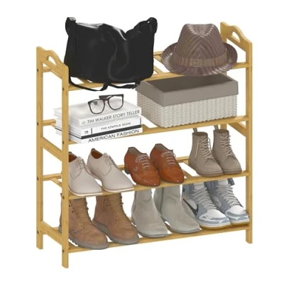Imagen de HOMCOM Zapatero de 4 Niveles Estantería para Zapatos Bambú 12 Pares Entrada Pasillo Dormitorio 67,5x24,7x72 cm Natural